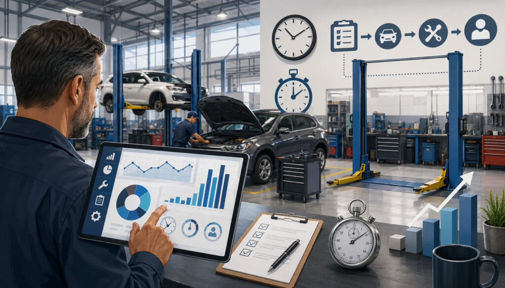 Auto repair shop manager measuring downtime with performance analytics