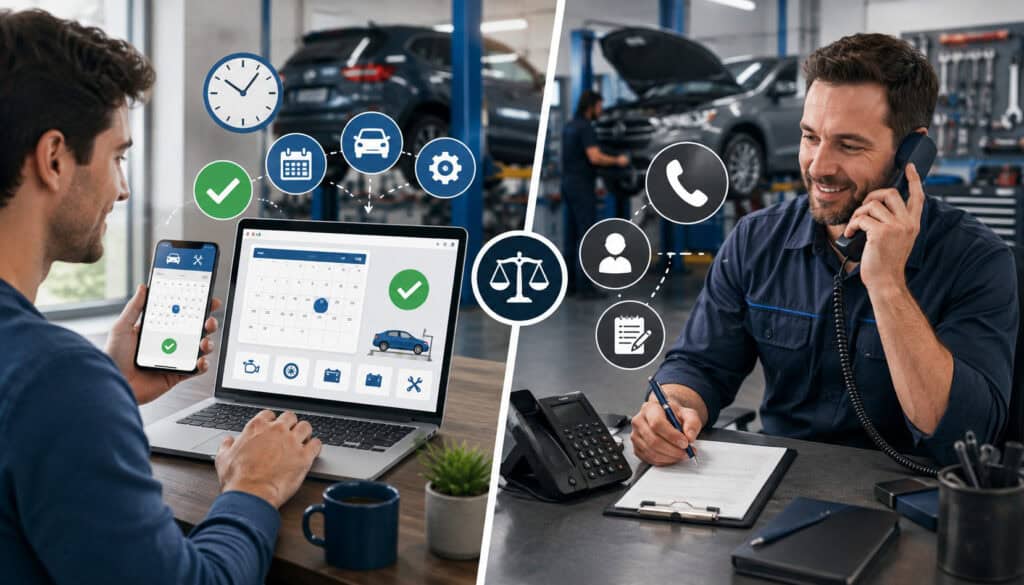 Customer comparing online and phone-based auto service scheduling