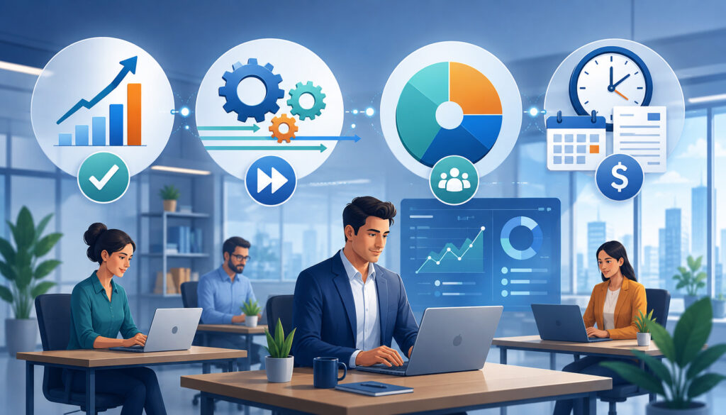 Business team using productivity, efficiency, utilization, and billed hours analytics