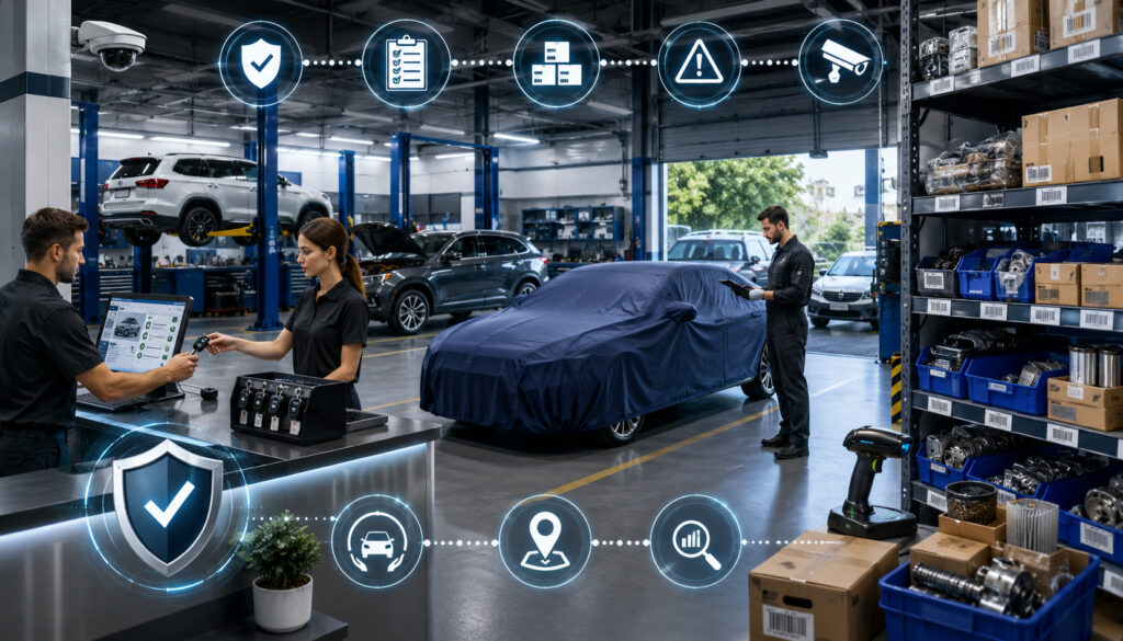 Automotive service center protecting customer vehicles and managing parts inventory