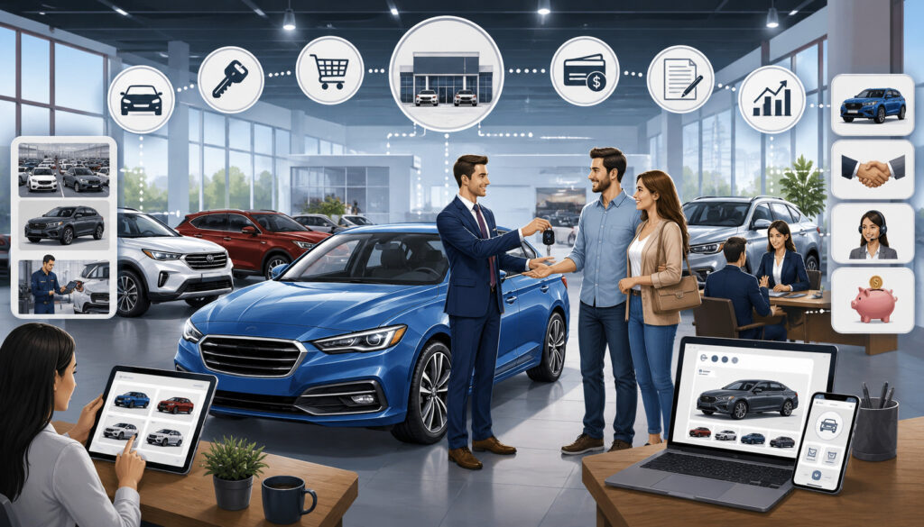 Modern car dealership showcasing vehicle sales, financing, and digital automotive retail