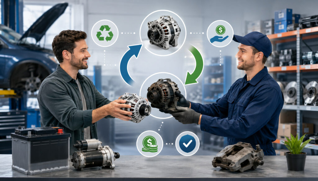 Customer exchanging an old car part for a replacement with core charge refund icons