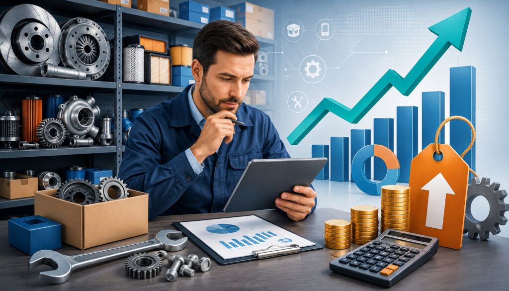Parts markup strategy with auto parts, pricing tools, and profit growth icons
